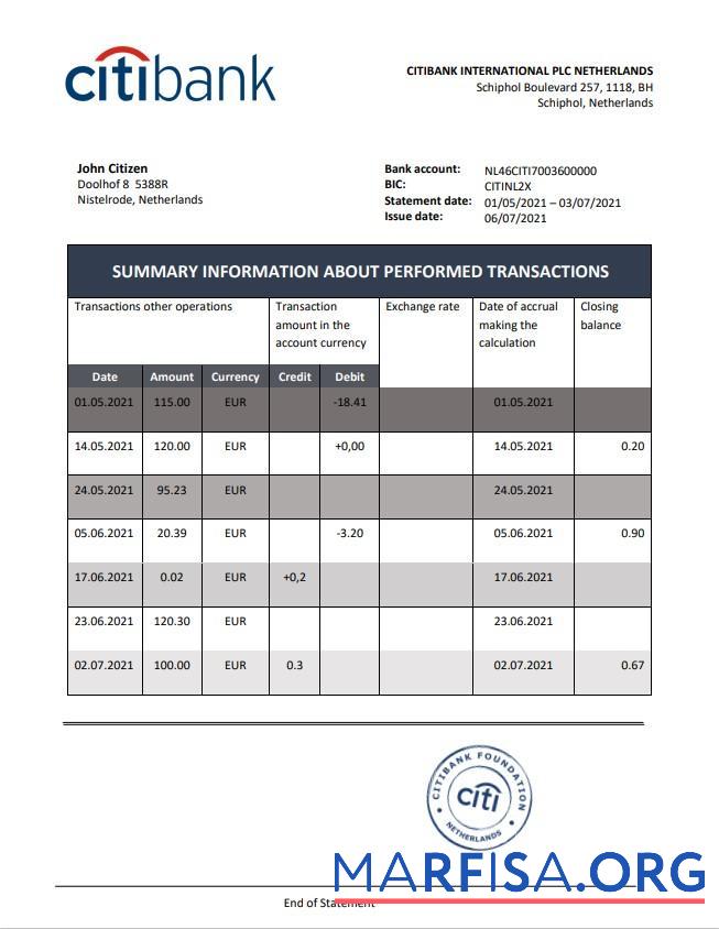 Printable Netherlands Citibank statement word template